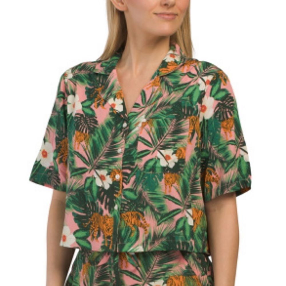 Cynthia Rowley M-L Green Orange Tropical Jungle Tiger Cropped Top & Short PJ Set - Picture 3 of 16